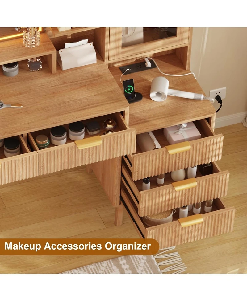 gaomon Modern Makeup Vanity Desk with 24 in Hd Led Mirror, 5 Drawers, Power Outlet & Usb Ports, Wood Finish