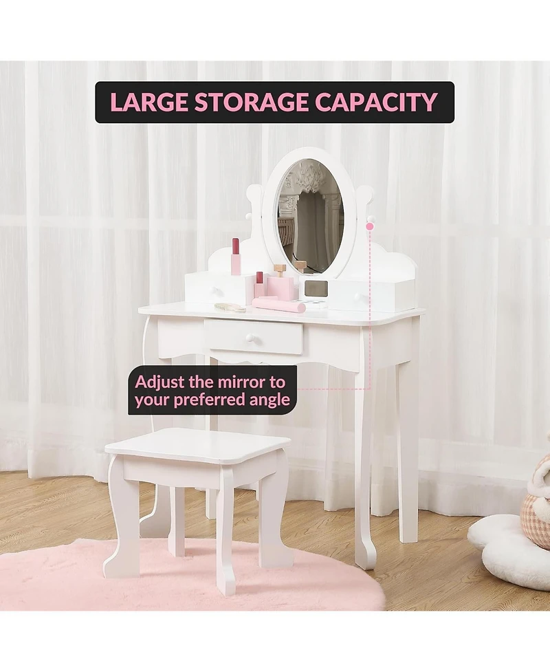 gaomon Kids Vanity Table and Chair Set with Oval Mirror, Drawer & Stool, Wooden Pretend Play Set.