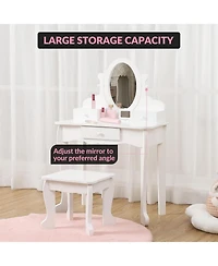 gaomon Kids Vanity Table and Chair Set with Oval Mirror, Drawer & Stool, Wooden Pretend Play Set.