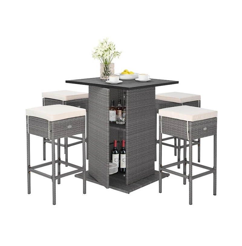 Boyel Living 5 Pieces Outdoor Wicker Bar Table Set with Hidden Storage Shelves