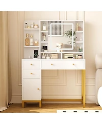 gaomon Makeup Vanity with Led Mirror & Charging Station, Acrylic Top, 3 Drawers, Shelves & Cabinet