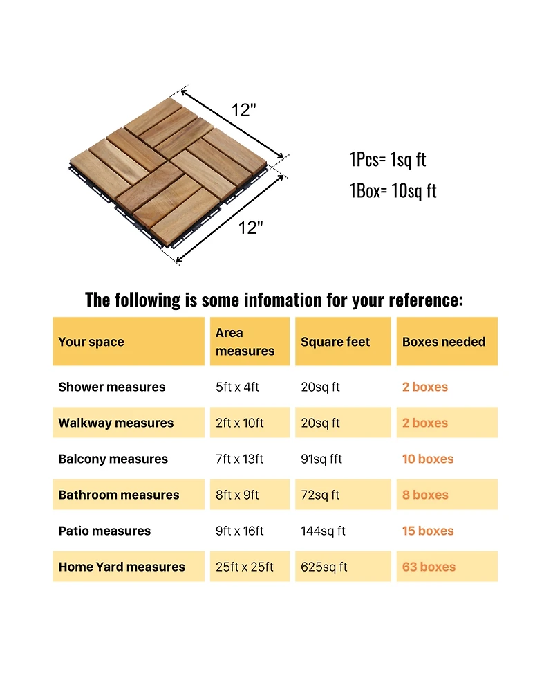 Mondawe Acacia Wood Checker Pattern Interlocking Deck Tiles