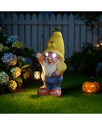 LuxenHome 18" Solar Powered Garden Gnome Outdoor Statue with Lantern, Lemon Hat Gnome Sculpture for Lawn, Garden