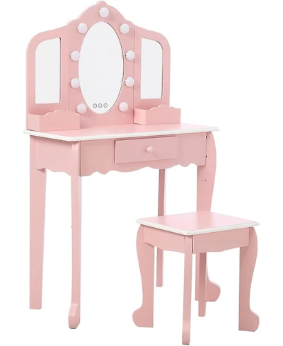 gaomon Kids Vanity Table and Chair Set with 3 Mirrors, Led Light & Drawer