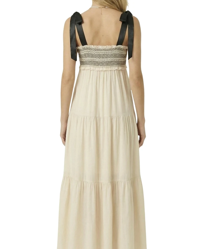 Modenaire Women's Smocked Lace-Trim Bow-Tie Strap Maxi Dress