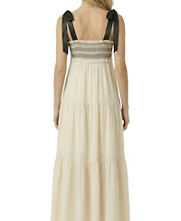 Modenaire Women's Smocked Lace-Trim Bow-Tie Strap Maxi Dress