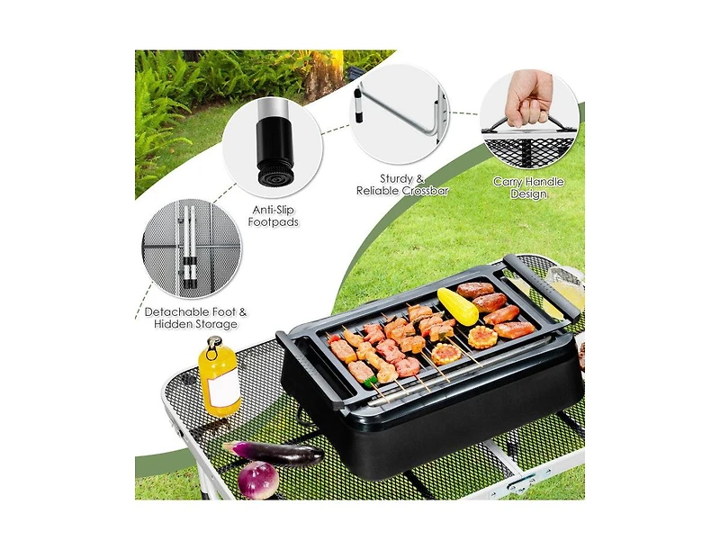 Lucky One Aluminum Grill Table with Iron Mesh Top, Folding Camping Table Adjustable Height