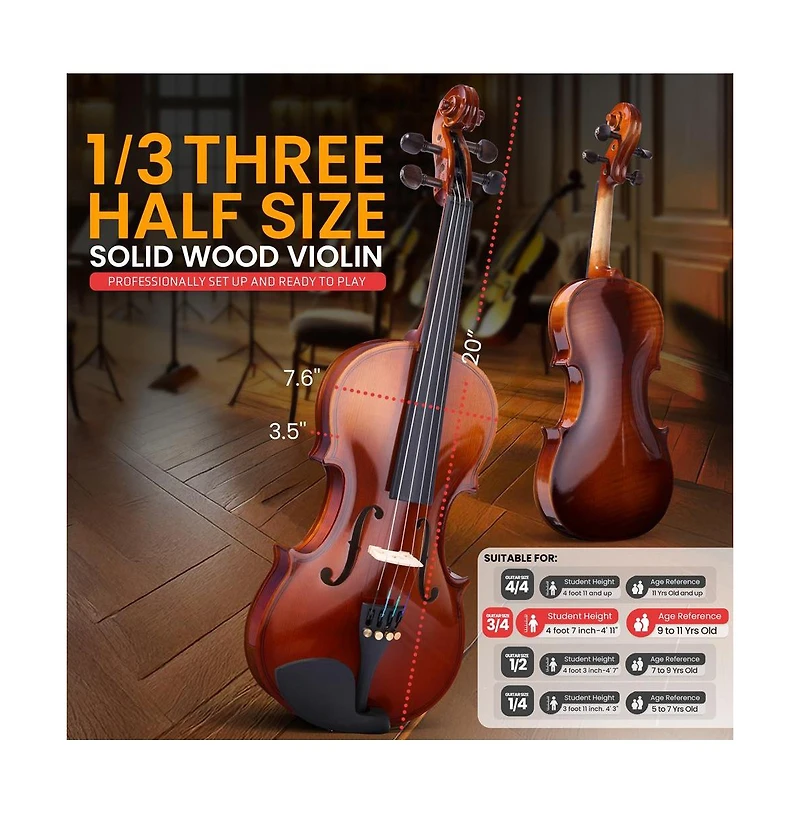 Pyle 3/4 Size Beginner Violin Starter Kit, Includes Travel Case, Bow, Extra Strings, Tuner, Shoulder Rest & Cleaning Cloth