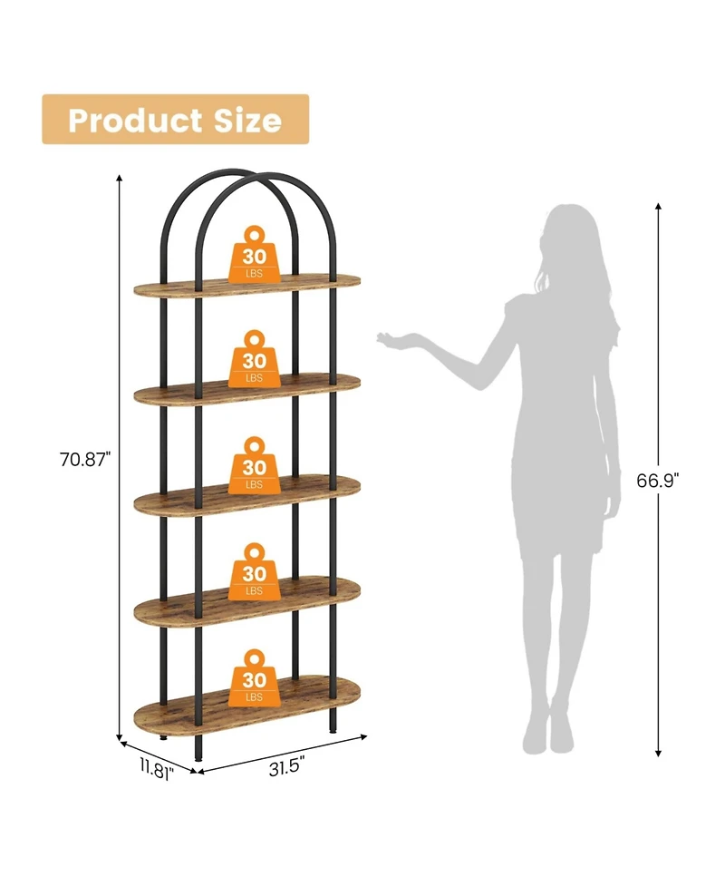 gaomon 71 Inch Bookshelf 5 Tier Bookcase Arched Display Racks Tall Freestanding Open Storage Shelf