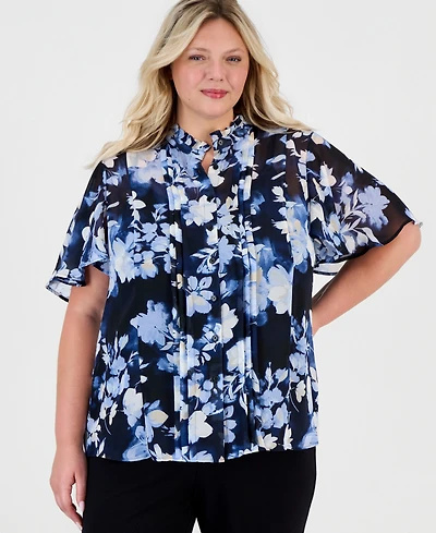 Anne Klein Plus Pleated-Placket Flutter-Sleeve Blouse