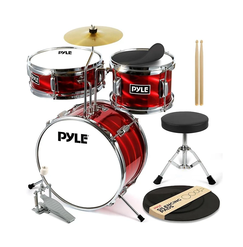 Pyle 3-Piece Kids Drum Set - 13" Metallic Red Junior Drum Kit with Throne, Cymbal, Bass Pedal, Tom & Drumsticks