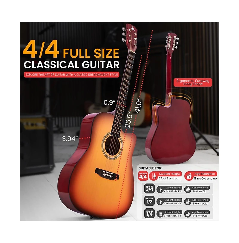 Pyle 41 inch Full-Size Acoustic Guitar Kit, Cutaway Body with Digital Tuner and Accessory Kit