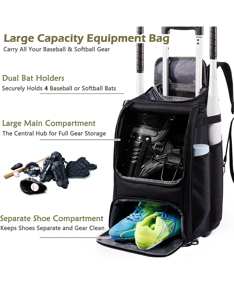 Furlihong Wheeled 60L Youth Baseball Bag - Holds 4 Bats, Rolling Equipment with Shoe Compartment and Fence Hook, for Boys Girls Age 8+