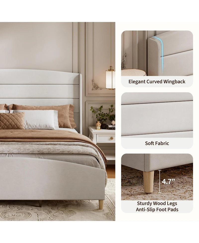 Gaomon Bed Frame, Soft Linen Upholstered Platform Bed with Wingback Headboard/Raised Footboard, Sturdy Wood Legs/Slats, Noise-Free