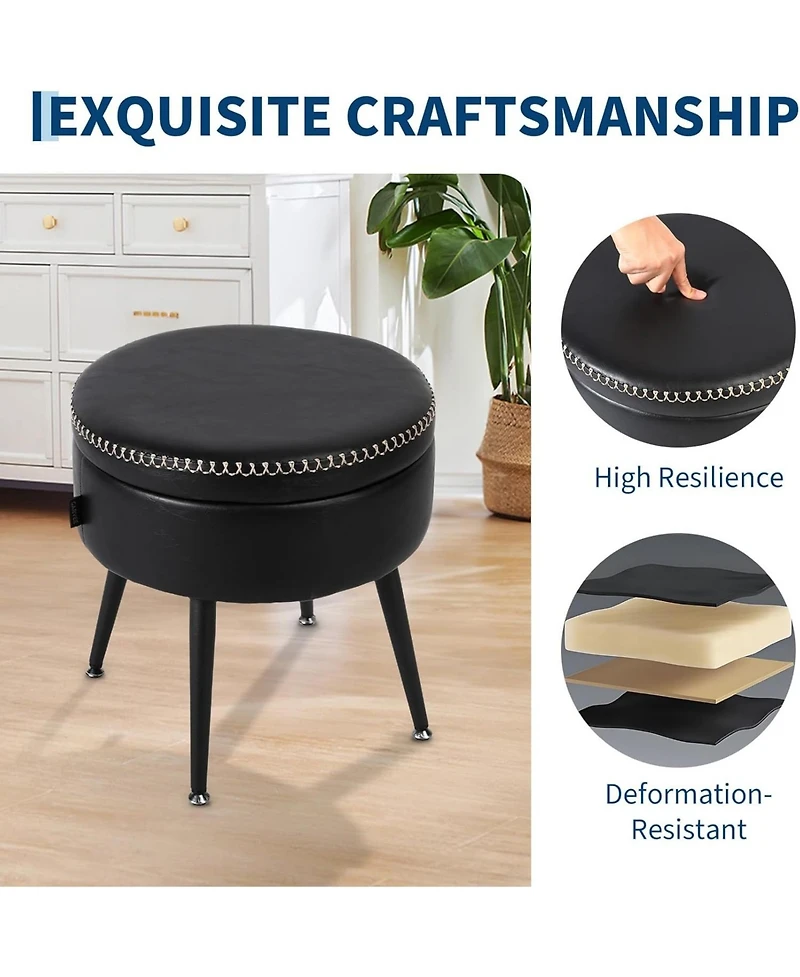 gaomon Modern Storage Ottoman and Vanity Stool,Synthetic Leather Round Seat with Stitching,330 lb Capacity Steel Legs,Multi-Functional Footrest