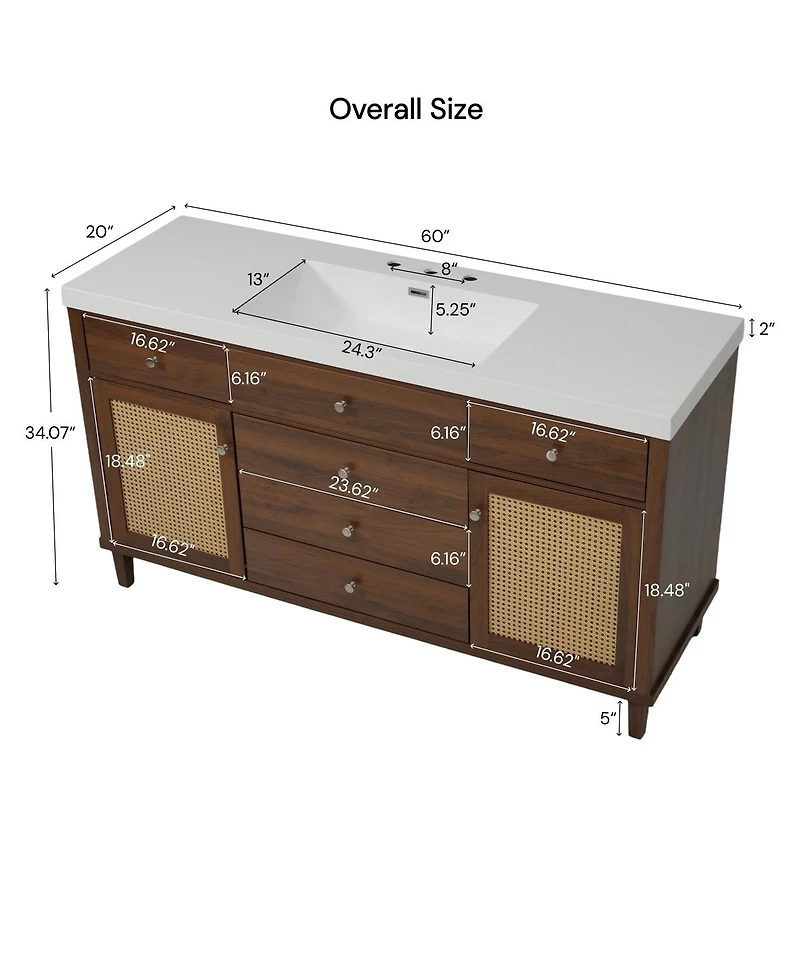 Sillysis 60 Inch Modern Bathroom Vanity with Sink, Brown Solid Wood Mdf Cabinet, Rattan Doors, Soft Close Drawers, Pine Legs