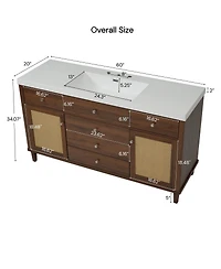 Sillysis 60 Inch Modern Bathroom Vanity with Sink, Brown Solid Wood Mdf Cabinet, Rattan Doors, Soft Close Drawers, Pine Legs