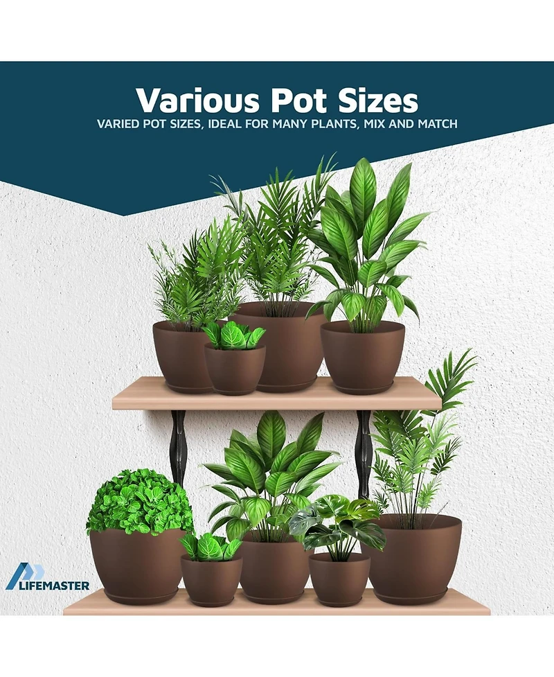 Lifemaster Set of 5 lightweight, durable brown planter pots with drainage holes. Space-saving, versatile, and ideal for indoor/outdoor use.