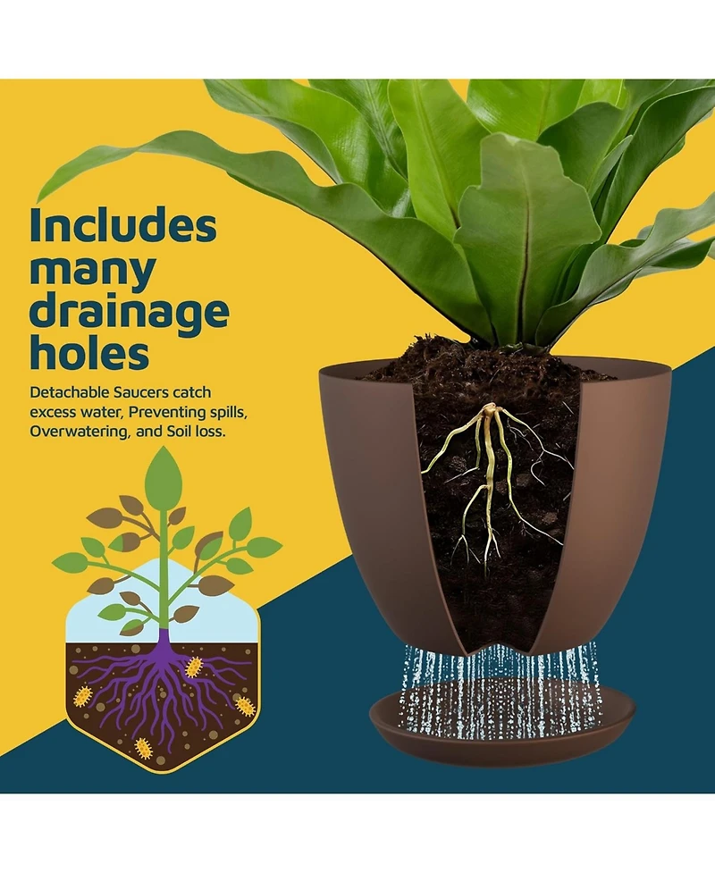Lifemaster Set of 5 lightweight, durable brown planter pots with drainage holes. Space-saving, versatile, and ideal for indoor/outdoor use.
