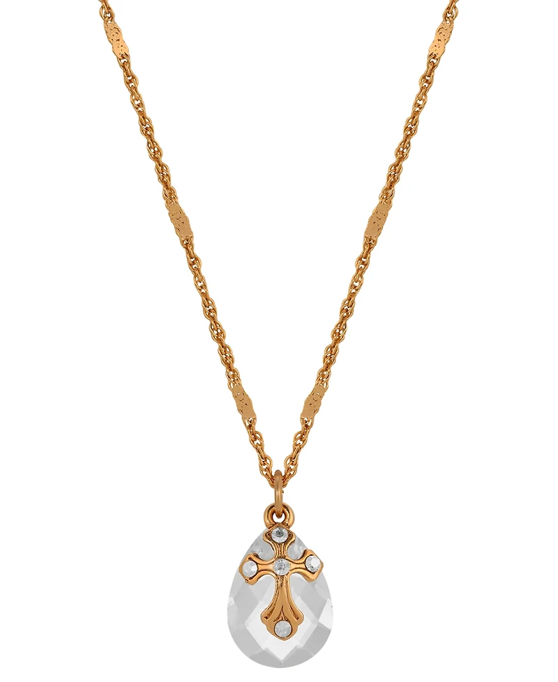 Symbols of Faith 14k Gold Dipped Clear Oval Glass Drop Crystal Cross 16"+3" Necklace