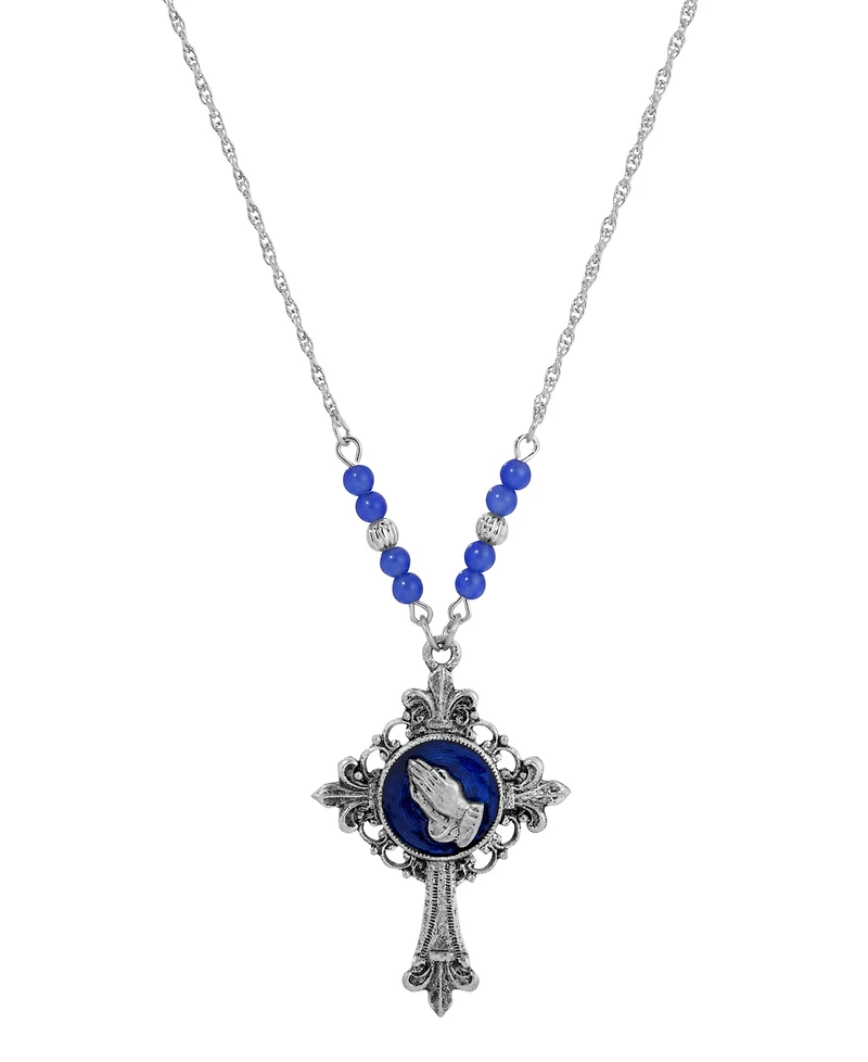 Symbols of Faith Silver-Tone Cross Blue Enamel Praying Hands 18" Necklace