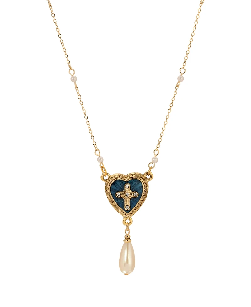 Symbols of Faith Gold-Tone Blue Enamel Heart Cross Teardrop Bead 16" + 3" Necklace