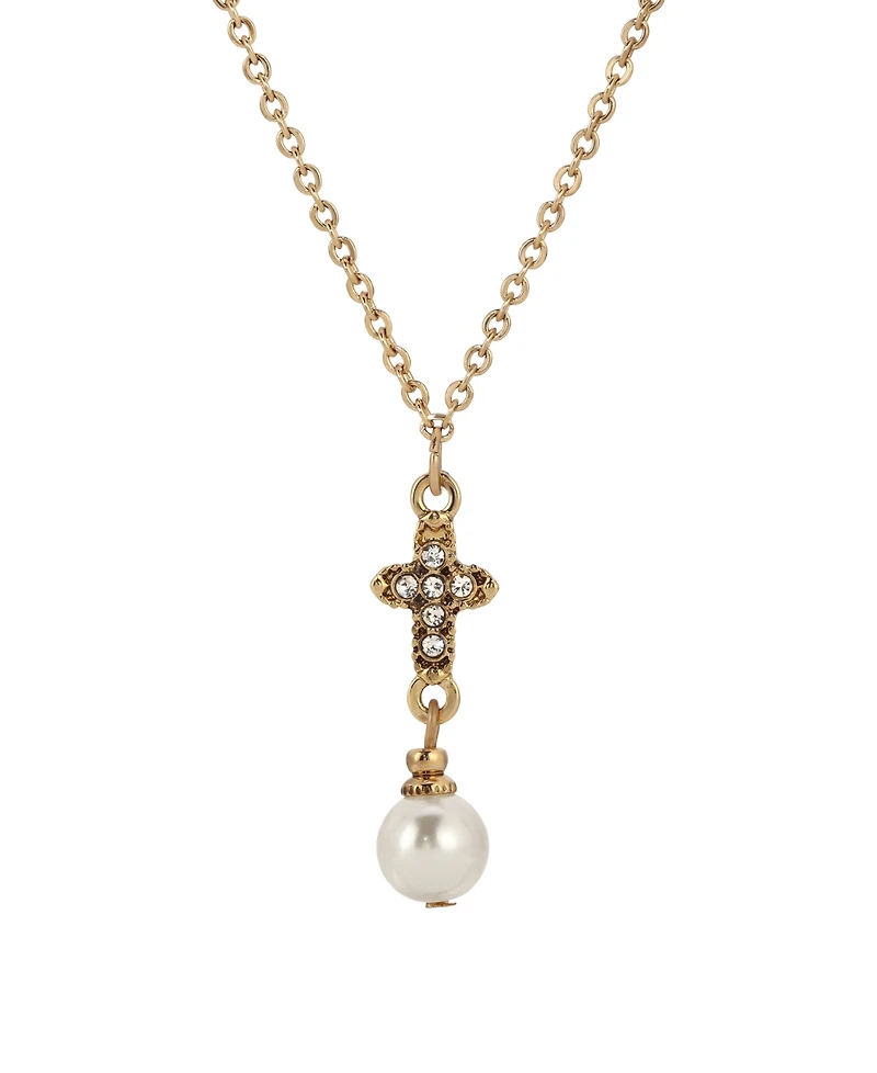 Symbols of Faith Gold-Tone Crystal Cross with Imitation Pearl Drop 16" Necklace