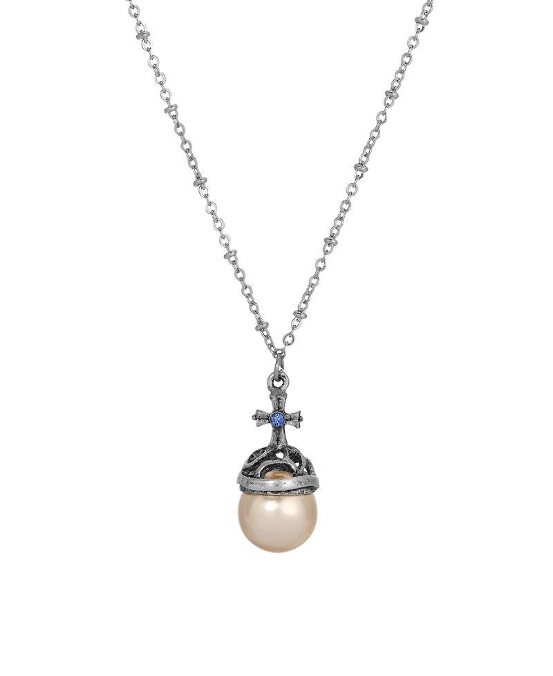 Symbols of Faith Silver-Tone Imitation Pearl Stone Blue Crystal Cross 16" Necklace