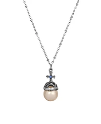 Symbols of Faith Silver-Tone Imitation Pearl Stone Blue Crystal Cross 16" Necklace