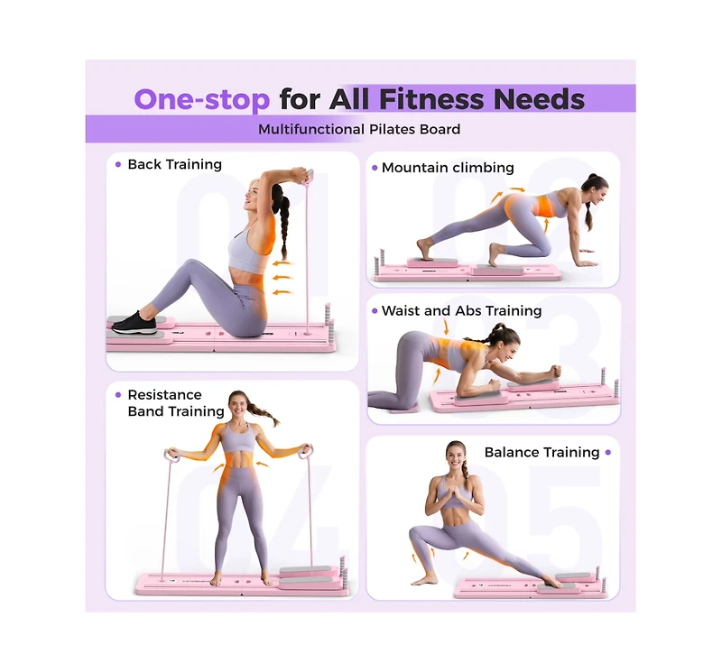 Fed Fitness 5 1 Folding Pilates Board, Reformer Set with 300 Lbs Weight Capacity, Portable Home for Woman