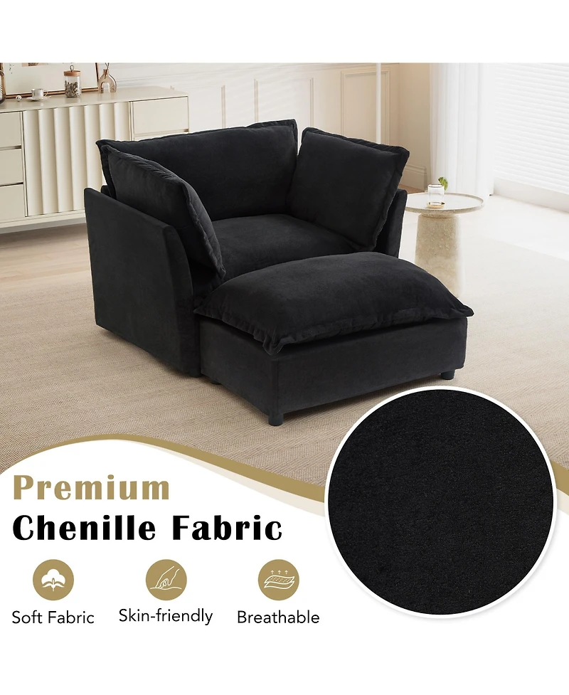 Rainsken Modern Single Sofa with Movable Ottoman, 47" Cozy Upholstered Sofa Chair with Wide Seat, Curved Armrests and Soft Pillows for Living Room