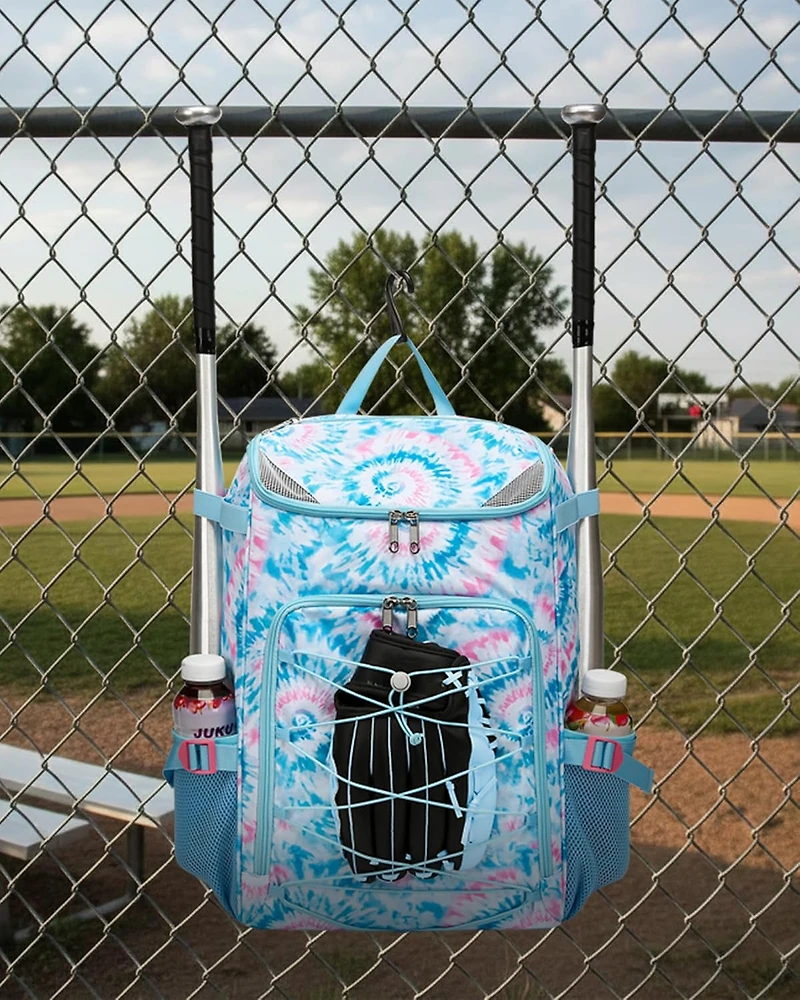 Furlihong Tie-Dye Pattern Baseball and Softball Gear Backpack for Kids Ages 8-14, Youth Bat Bag with Ventilated Shoe Compartment for Cleats, Glove