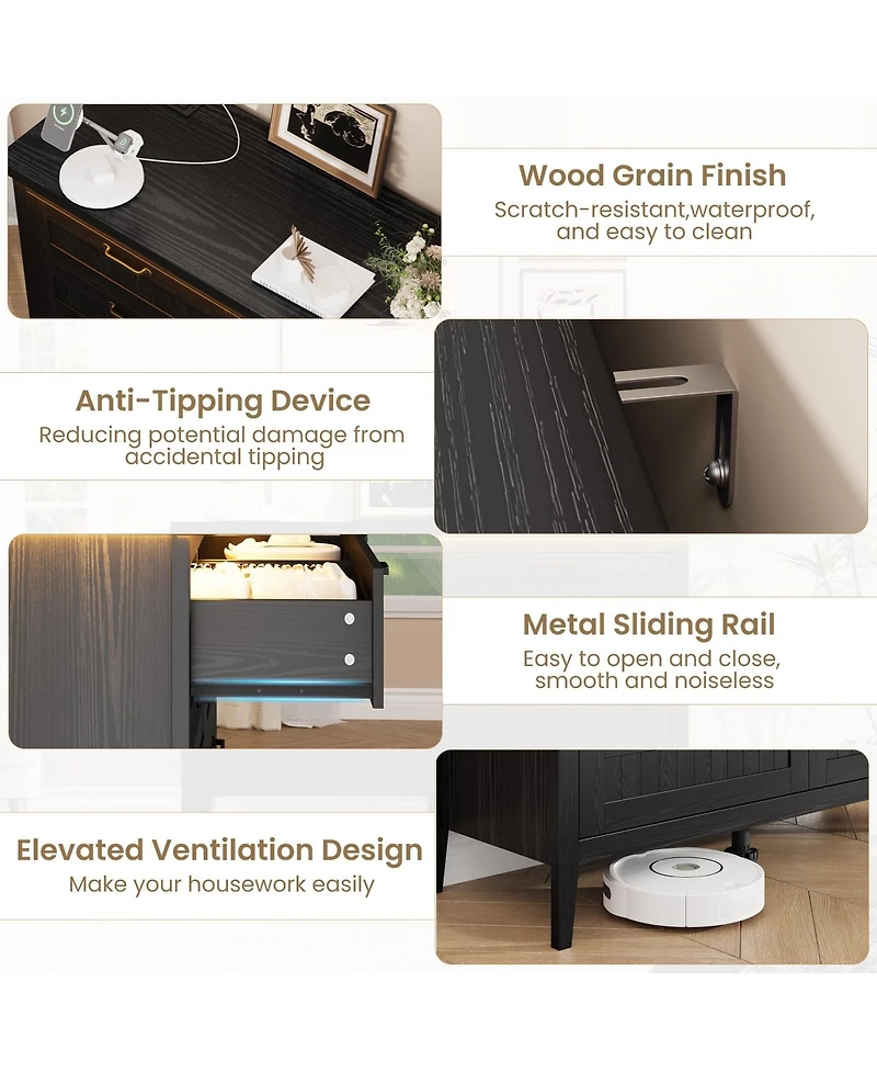 homfan Led Dresser with Power Outlet, Drawers, Engineered Wood Storage Chest for Bedroom, Nursery, Entryway, Hallway