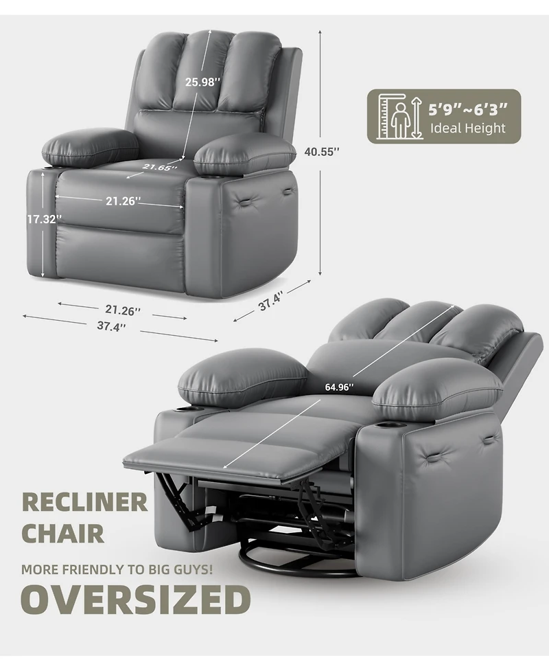 homfan Massage Recliner with Lumbar Heat, Swivel and Rocking Motion - Comfortable Easy-Clean Seating with Cup Holders and Side Storage Pocket