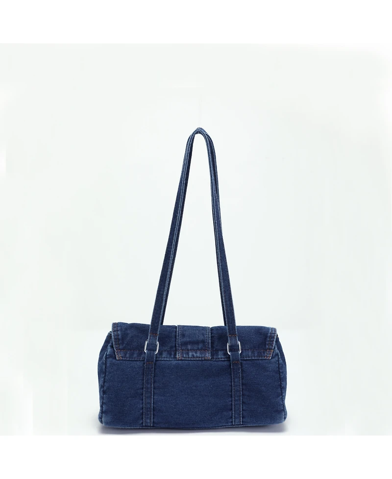 Susu Denva Denim Baguette Shoulder Bag for Women East West Handbag Buckle Detail Casual Chic Everyday Purse