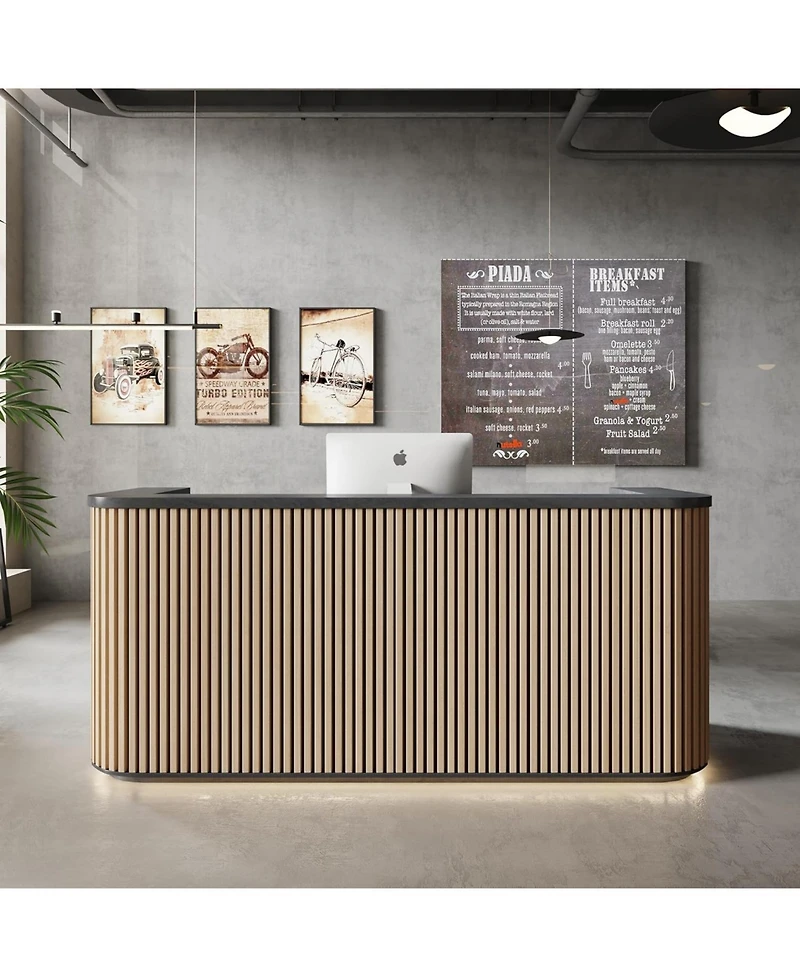 Logicfox 70.8in Curved Reception Desk, Mid Century Front Desk Reception Room Table with Power Outlet and Led Light