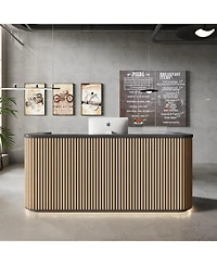 Logicfox 70.8in Curved Reception Desk, Mid Century Front Desk Reception Room Table with Power Outlet and Led Light