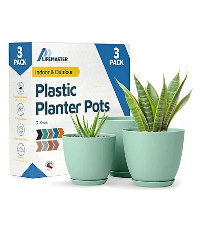 Lifemaster Mint-colored stackable plant pots with drainage holes and saucers, 3-pack (7", 6.7", 6"). Durable, weatherproof,