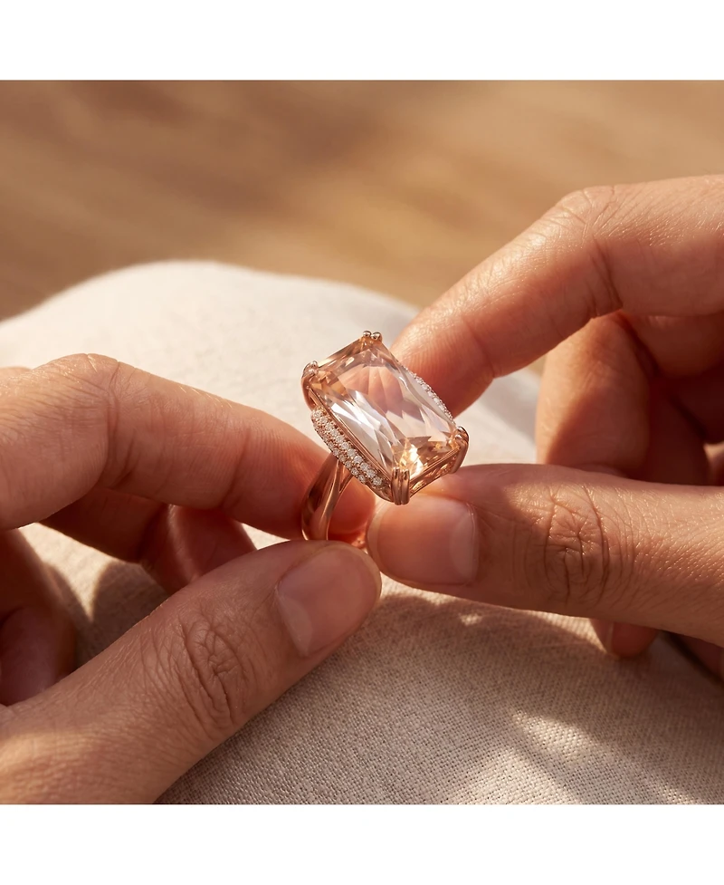 Sterling Silver with Rose Gold Plated Champagne Radiant Cubic Zirconia Solitaire Accented Clear Round Zirconias Cocktail Ring