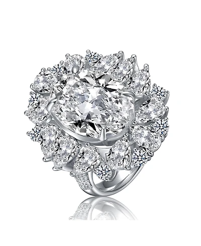 White Gold Plated with Clear Cubic Zirconia Oval Cocktail Snowflake Cluster Ring