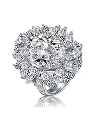 White Gold Plated with Clear Cubic Zirconia Oval Cocktail Snowflake Cluster Ring