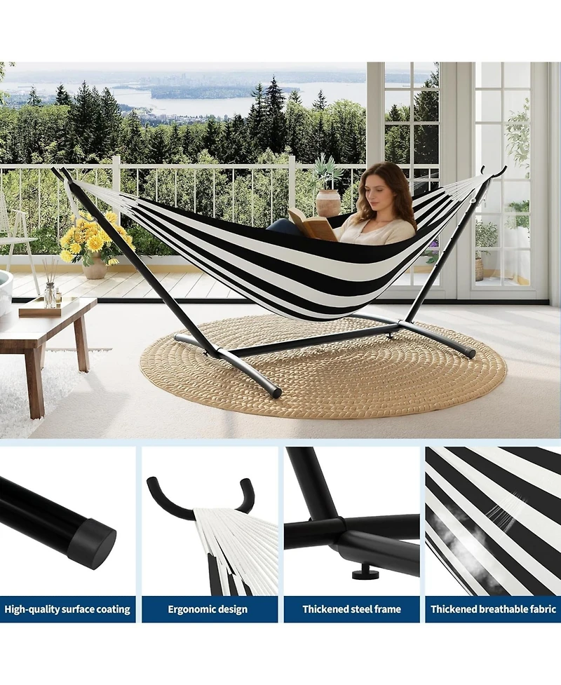 gaomon Double Hammock with Stand, 2 Person Cotton Rope Design, Includes Reversible Quilted Pad and Pillow, Hardwood Spreader Bars for Backyard Patio