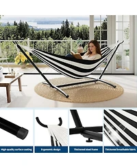 gaomon Double Hammock with Stand, 2 Person Cotton Rope Design, Includes Reversible Quilted Pad and Pillow, Hardwood Spreader Bars for Backyard Patio