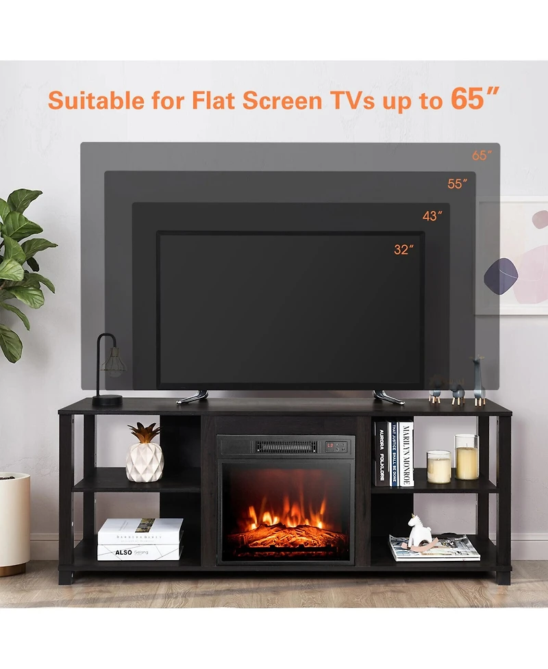 Gymax 2-Tier Tv Stand andElectric Fireplace Heater Storage Cabinet Console For 65" Tv