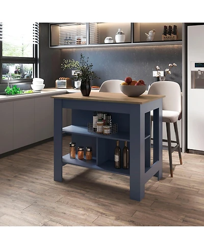 Fm Furniture Arlington isla de cocina, diseno moderno con estantes abiertos, almacenamiento multifuncional en kronos fresno y kronos azul