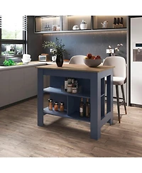Fm Furniture Arlington isla de cocina, diseno moderno con estantes abiertos, almacenamiento multifuncional en kronos fresno y kronos azul