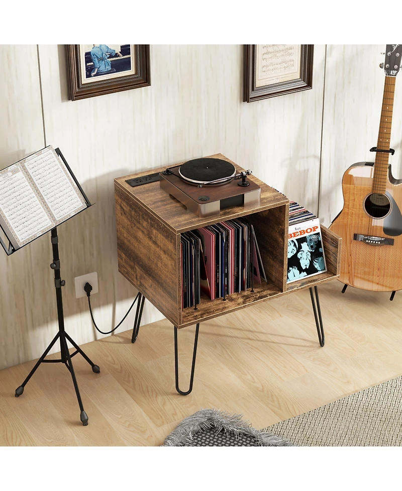 sumyeg Mid-century Record Player Stand with Power Outlet and Vinyl Divider
