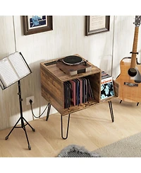 sumyeg Mid-century Record Player Stand with Power Outlet and Vinyl Divider