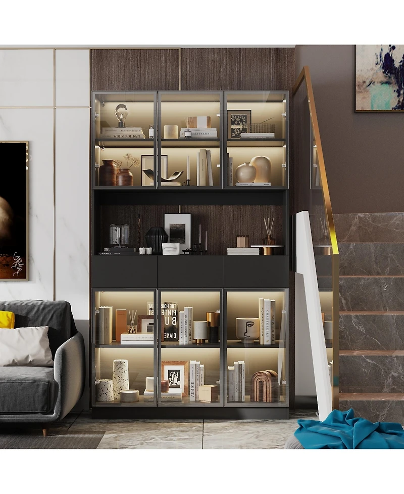 Famapy Bookshelf/Pantry with Glass Door and Led Lights for Living Room/Kitchen