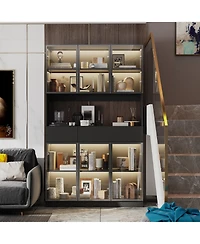 Famapy Bookshelf/Pantry with Glass Door and Led Lights for Living Room/Kitchen